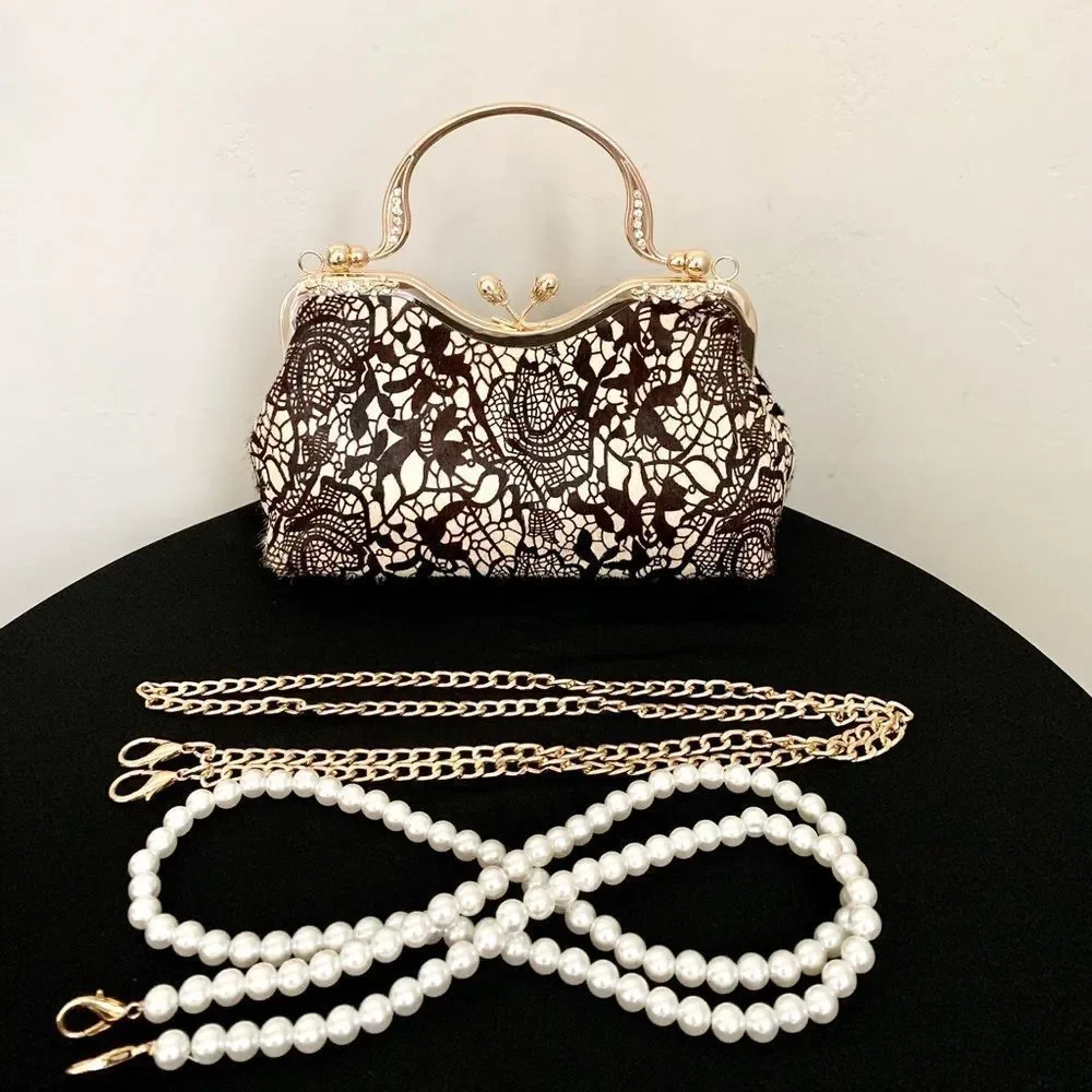 Handmade Real hair-on-horsehide Black Lace Print Kisslock Clutch/Crossbody - Picture 5 of 16